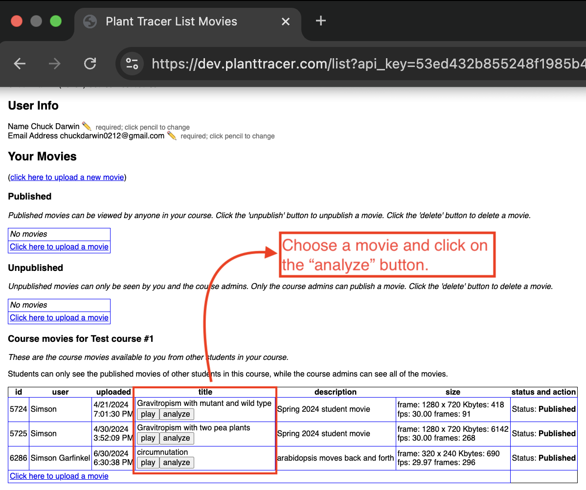 Selecting a sample movie on Plant Tracer