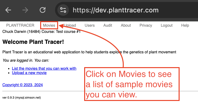 Selecting a sample movie on Plant Tracer